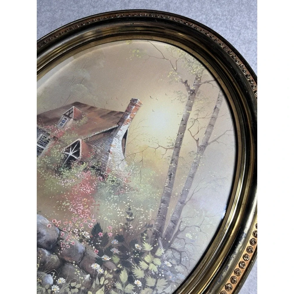 Vintage Syroco 1982 Oval Gold Plastic Picture Frame Cottage In Forest Birch Tree